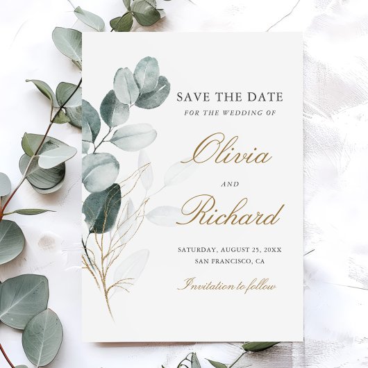 Save The Date Botanical Gold Greenery Eucalyptus Wedding