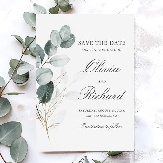 Save The Date Botanical Gold Greenery Eucalyptus Wedding
