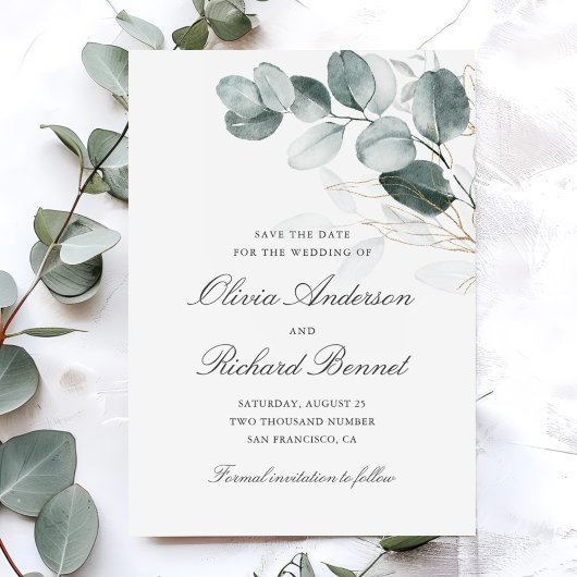 Save The Date Botanical Gold Greenery Eucalyptus Wedding