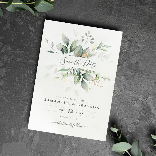 Save The Date Botanical Gold Greenery Eucalyptus Wedding