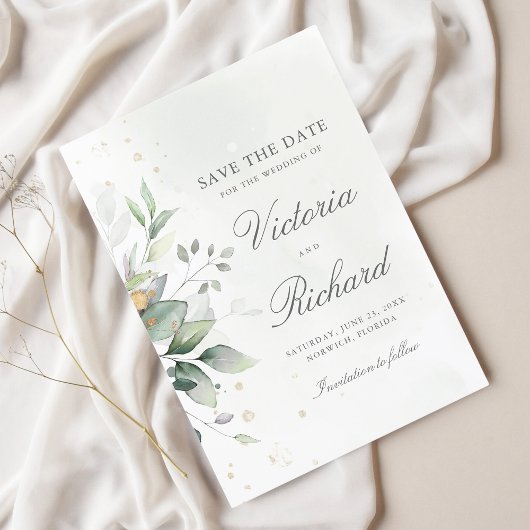Save The Date Botanical Gold Greenery Eucalyptus Wedding