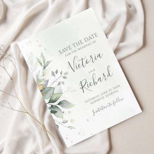 Save The Date Botanical Gold Greenery Eucalyptus Wedding