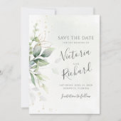 Save The Date Botanical Gold Greenery Eucalyptus Wedding (Devant)