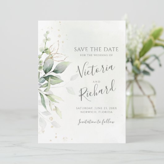 Save The Date Botanical Gold Greenery Eucalyptus Wedding (Debout devant)