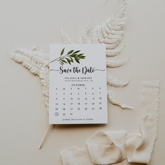 Save The Date Botanical Green Feuilles Enregistrer le calendrier