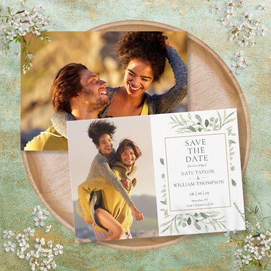 Save The Date Botanical Greenery Floral 2 Photos Mariage