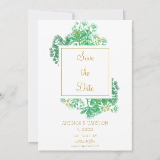 Save The Date Botanical Greenery Gold Accents Mariage (Devant)
