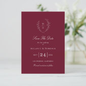 Save The Date Botanical Monogram Elegant Burgundy Wedding (Debout devant)