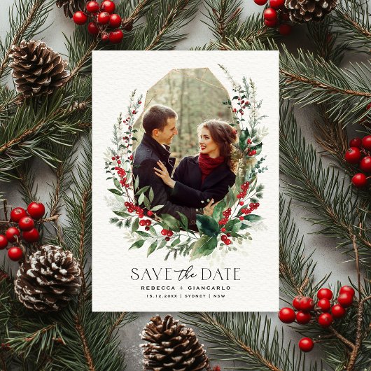 Save The Date Botanical Winter Berries Greenery Wedding