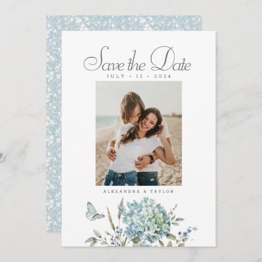 Save The Date Botanique Bohème Bleu Aquarelle Mariage Photo (Devant / Derrière)