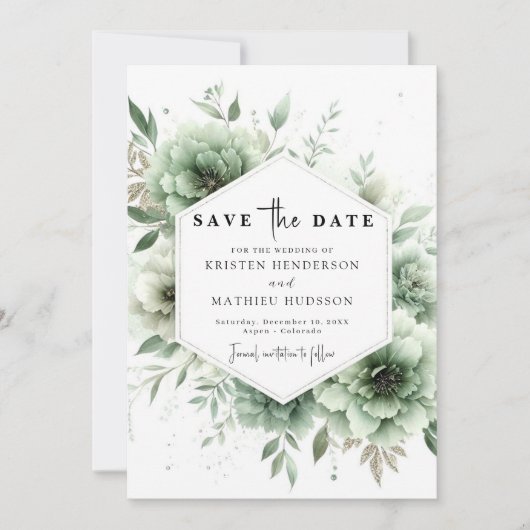 Save The Date Botanique Chic Unique Sage Vert Mariage (Devant)