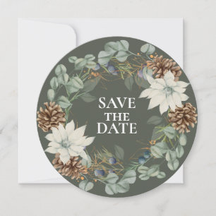 Save The Date Botanique de Pinecone rustique sur vert ENREGISTRE