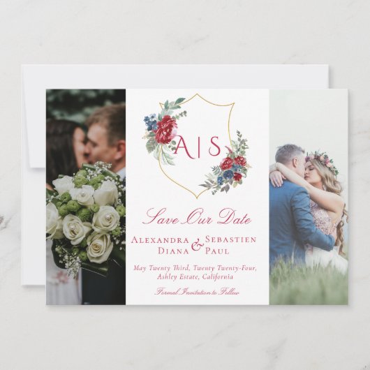 Save The Date Botanique Floral Crest 3 Photo Collage Monogramme (Devant)
