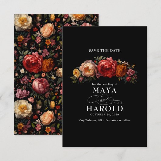 Save The Date Botanique Floral Moody Black Chic Mariage (Devant / Derrière)