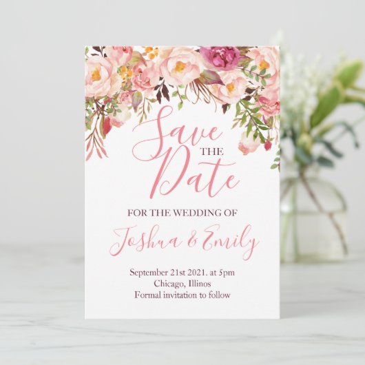 Save The Date Botanique Florale Pink Peony Boho Mariage (Debout devant)