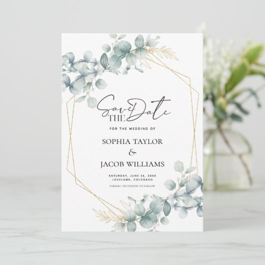 Save The Date Botanique Gold Eucalyptus Mariage de verdure (Debout devant)