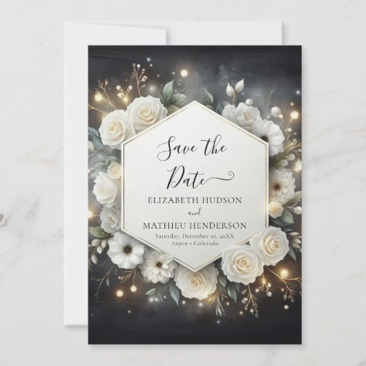 Save The Date Botanique moderne blanc Roses Mariage (Devant)