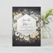 Save The Date Botanique moderne blanc Roses Mariage (Debout devant)