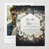 Save The Date Botanique moderne blanc Roses Mariage (Devant / Derrière)