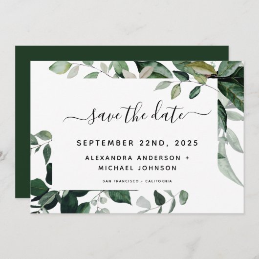 Save The Date Botanique Verdure Foliage Aquarelle Mariage Enregi (Devant / Derrière)