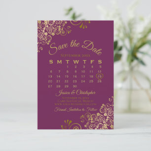 Save The Date Boucles d'or Magenta Purple Élégant Calendrier de