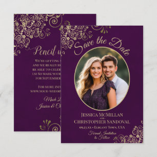 Save The Date Boucles dorées élégantes ovale photo prune violet 