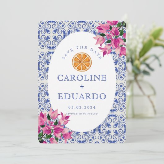 Save The Date Bougainvillea Mariage en carreaux bleus QR Code (Debout devant)