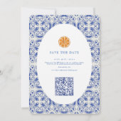 Save The Date Bougainvillea Mariage en carreaux bleus QR Code (Dos)