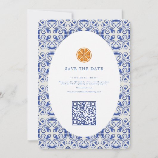 Save The Date Bougainvillea Mariage en carreaux bleus QR Code (Dos)