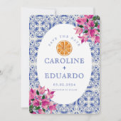 Save The Date Bougainvillea Mariage en carreaux bleus QR Code (Devant)