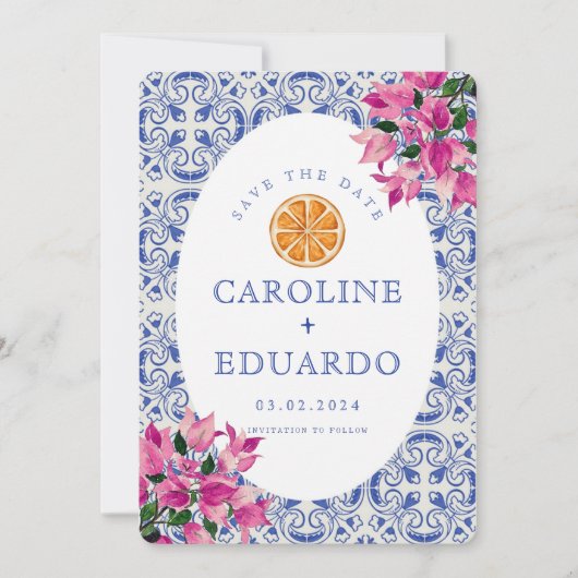 Save The Date Bougainvillea Mariage en carreaux bleus QR Code (Devant)