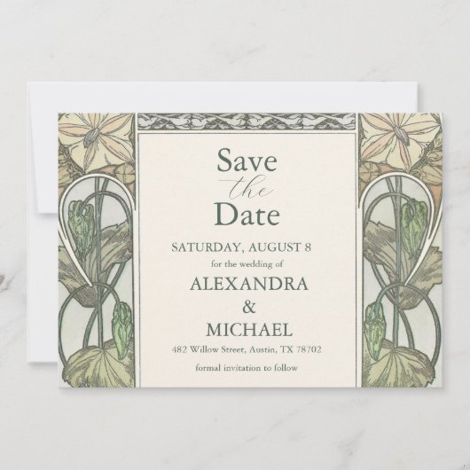 Save The Date Bougainvillea Vert Art Nouveau Mucha Mariage (Devant)