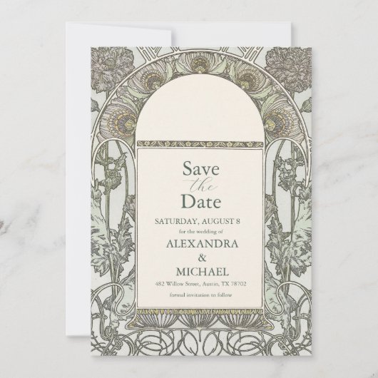 Save The Date Bougainvillea Vert Art Nouveau Mucha Mariage (Devant)