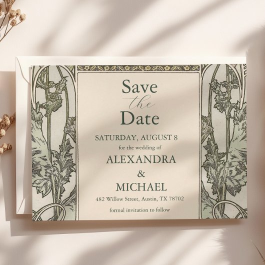 Save The Date Bougainvillea Vert Art Nouveau Mucha Mariage