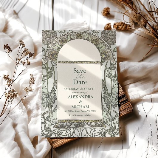 Save The Date Bougainvillea Vert Art Nouveau Mucha Mariage