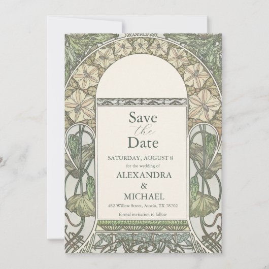 Save The Date Bougainvillea Vert Art Nouveau Mucha Mariage (Devant)