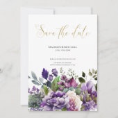 Save The Date Bouquet aquarelle Violet pourpre écriture dorée (Devant)
