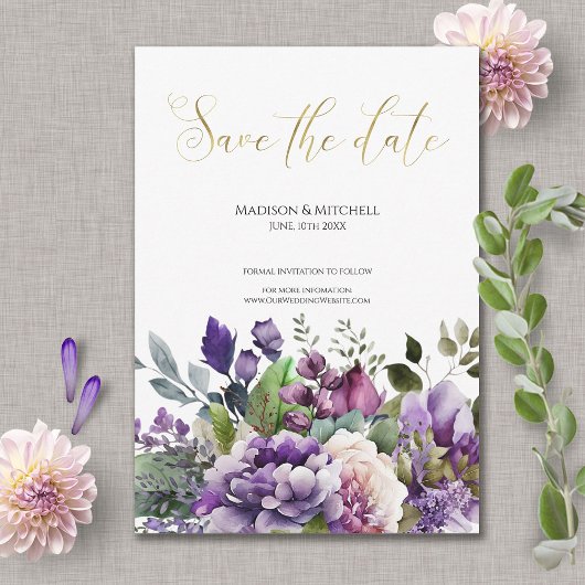 Save The Date Bouquet aquarelle Violet pourpre écriture dorée