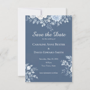 Save The Date Bouquet Bleu Classique sur Fond Bleu Poudré Léger