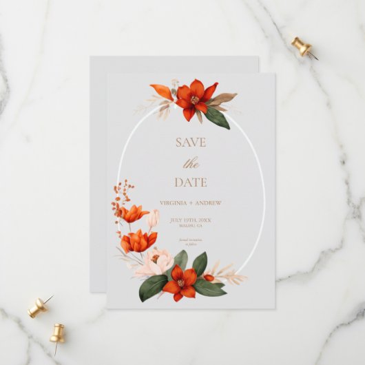 Save The Date Bouquet Boho avec flowe flamboyant Sauvez La Date (Devant/Arrière en situation)