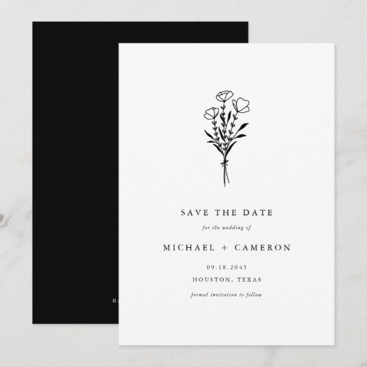 Save The Date Bouquet boho noir minimaliste botanique (Devant / Derrière)