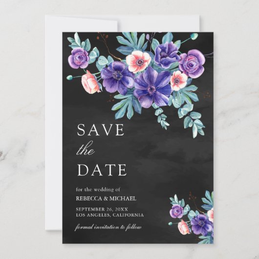 Save The Date Bouquet d'anémones violettes rustiques Mariage noi (Devant)