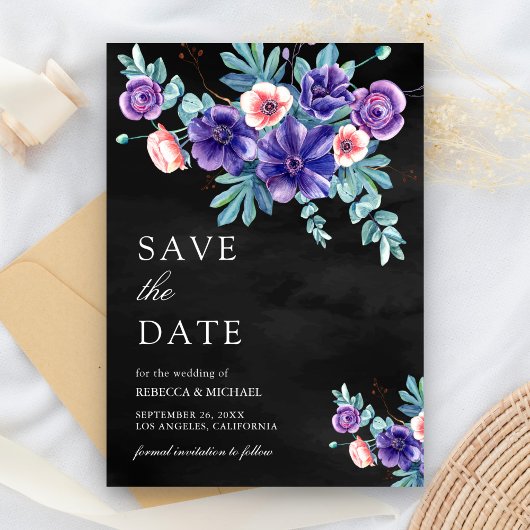 Save The Date Bouquet d'anémones violettes rustiques Mariage noi