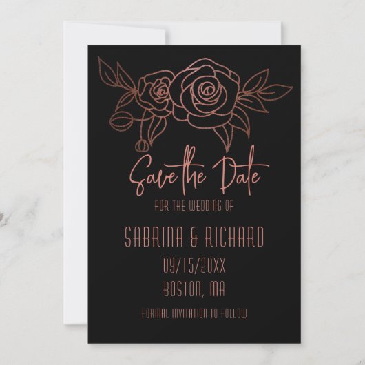 Save The Date Bouquet d'art botanique élégant Rose Gold Noir (Devant)