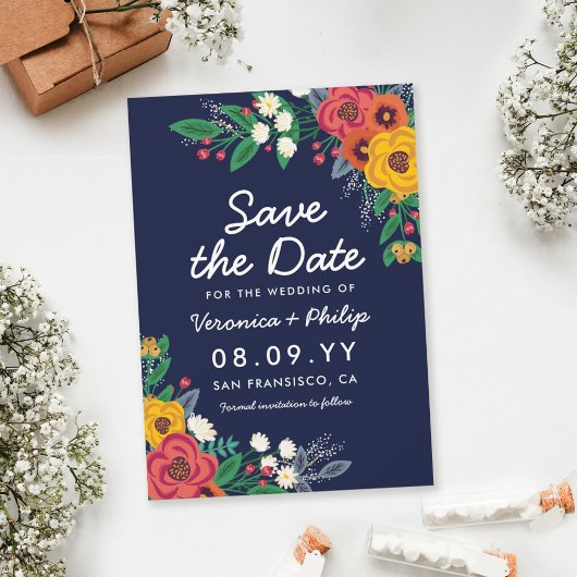 Save The Date Bouquet de Bohême bleu de la Marine jaune doré
