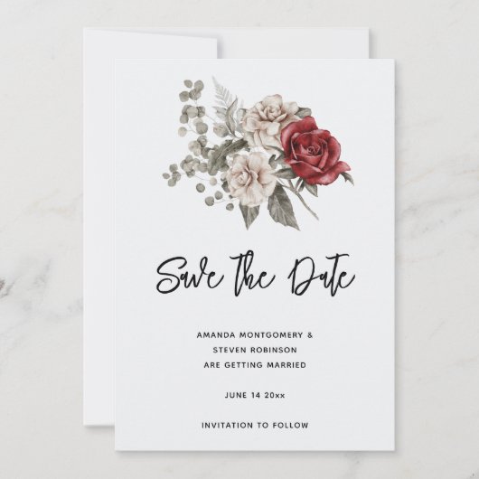Save The Date Bouquet de fleurs rouge gris et crème Boho (Devant)