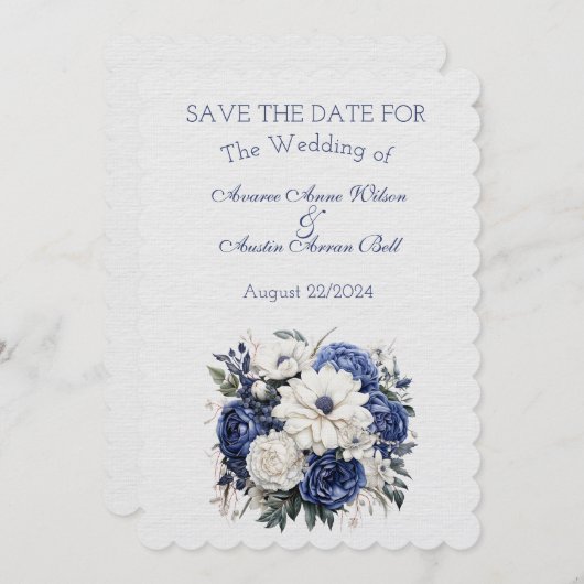 Save The Date Bouquet de Mariage floral bleu et blanc (Devant / Derrière)