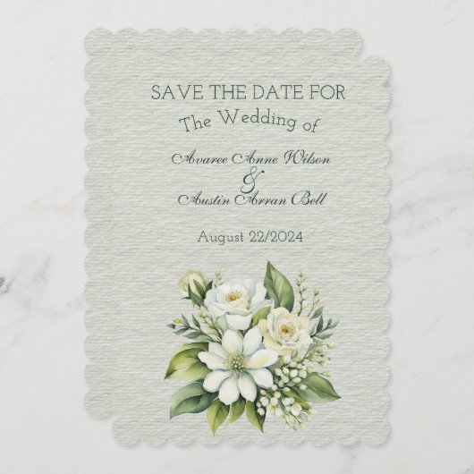 Save The Date Bouquet de Mariage vert et blanc (Devant / Derrière)