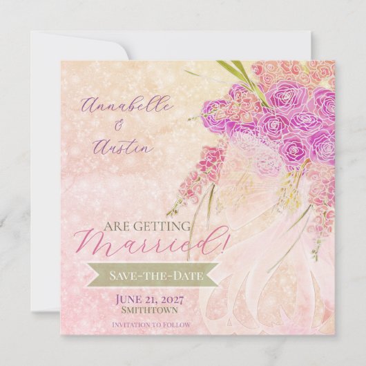 Save The Date Bouquet de Rose Éclairée de Crépuscule (Devant)
