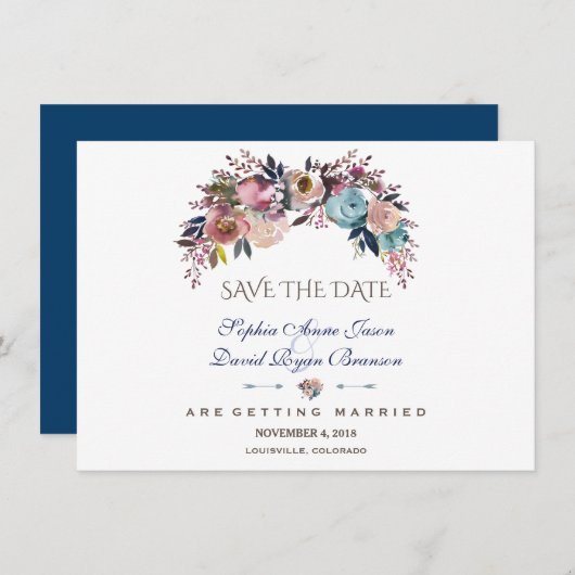 Save The Date Bouquet De Rose Misty Bleu Dusty Enregistrer La Da (Devant / Derrière)
